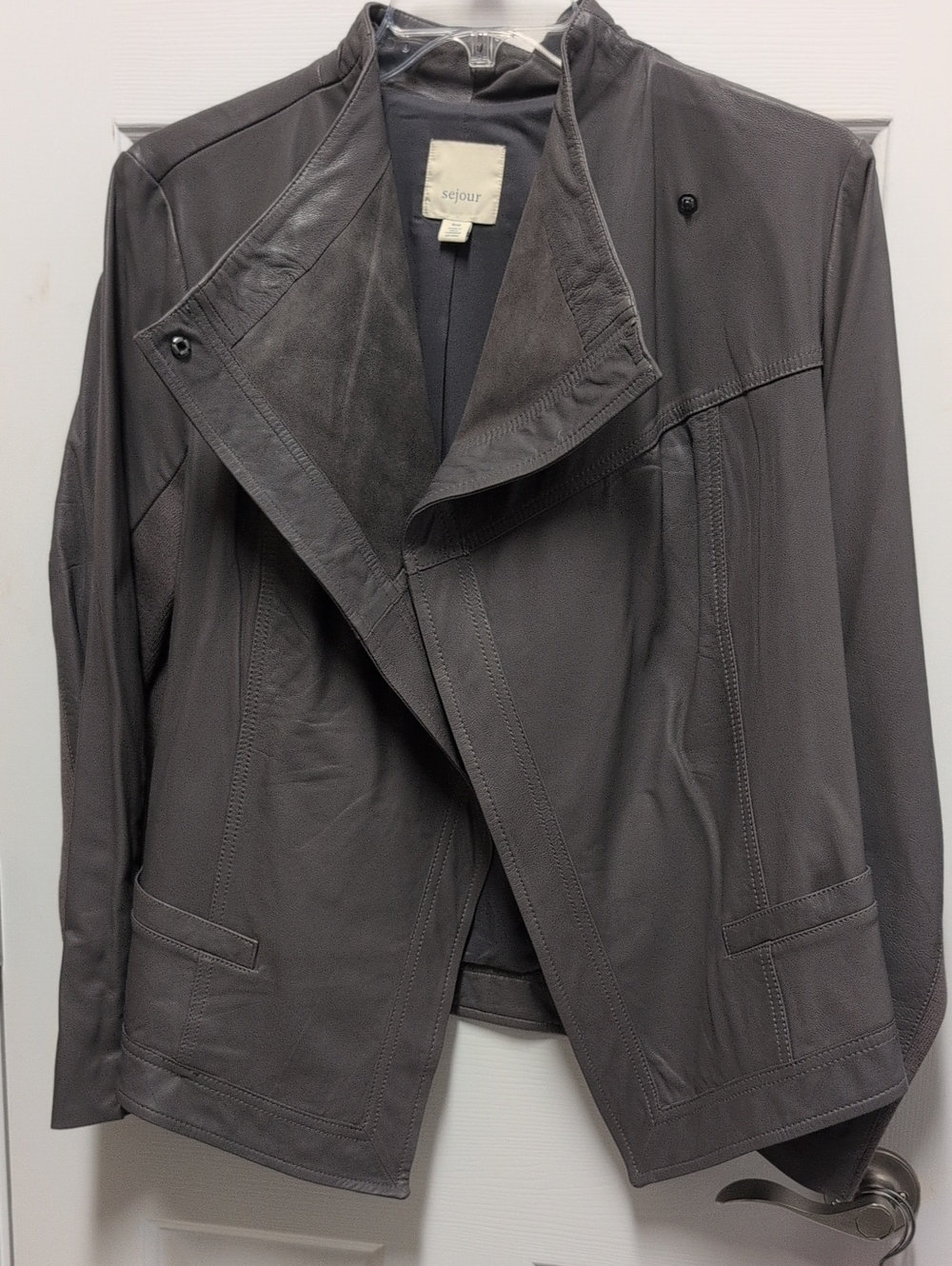 Sejour Women's Charcoal Gray Leather-Trim Open Front Jacket